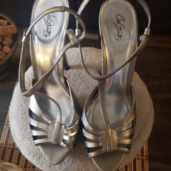 Silver Open Peep Toe High Heels - Picture 1 of 5
